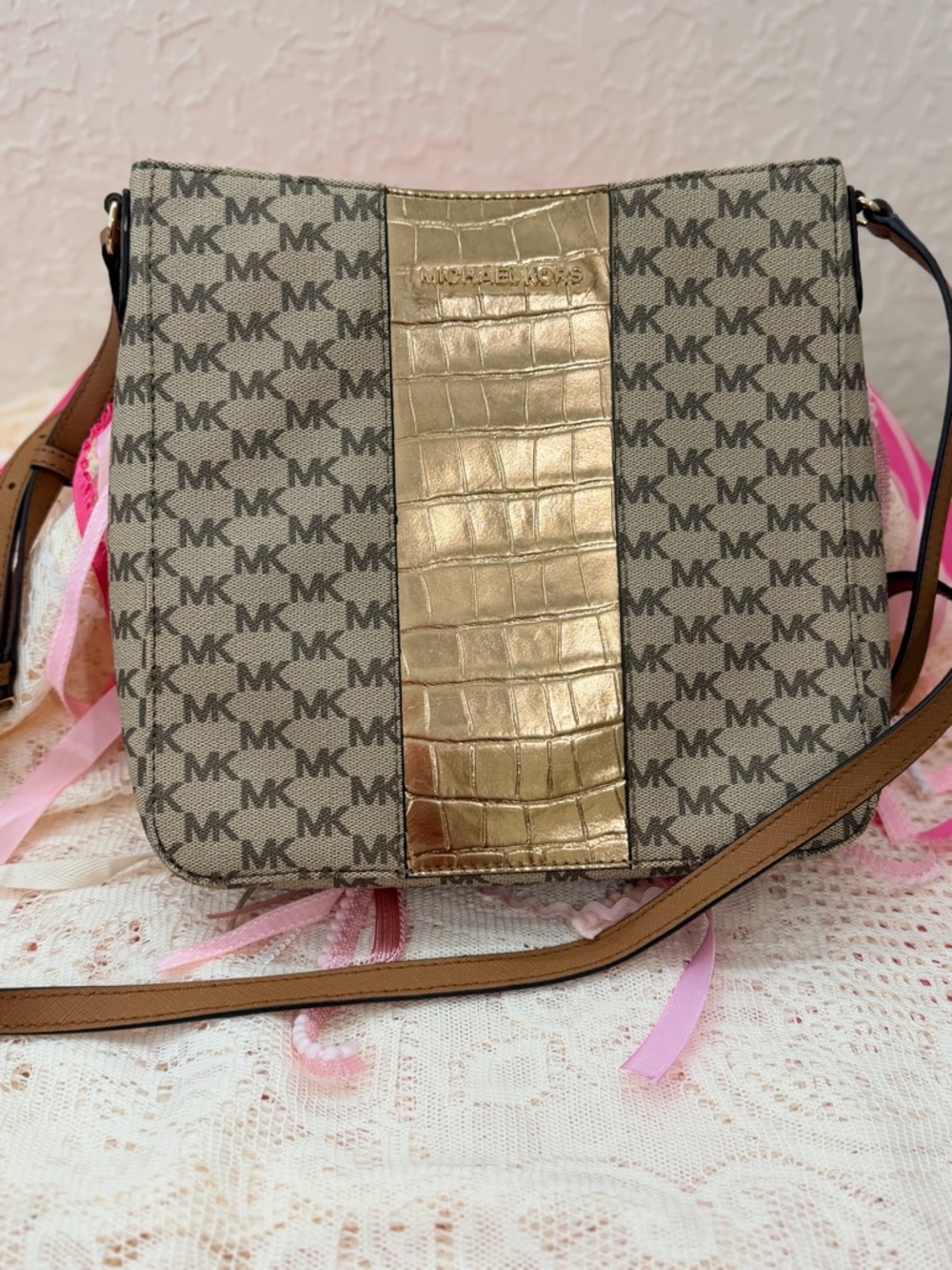 Michael Kors Beige MK Logo Crossbody with Gold Center Panel